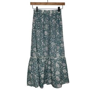 Marea Tiered Midi Skirt Womens XS Green Blue Floral Block Print Boho Cotton